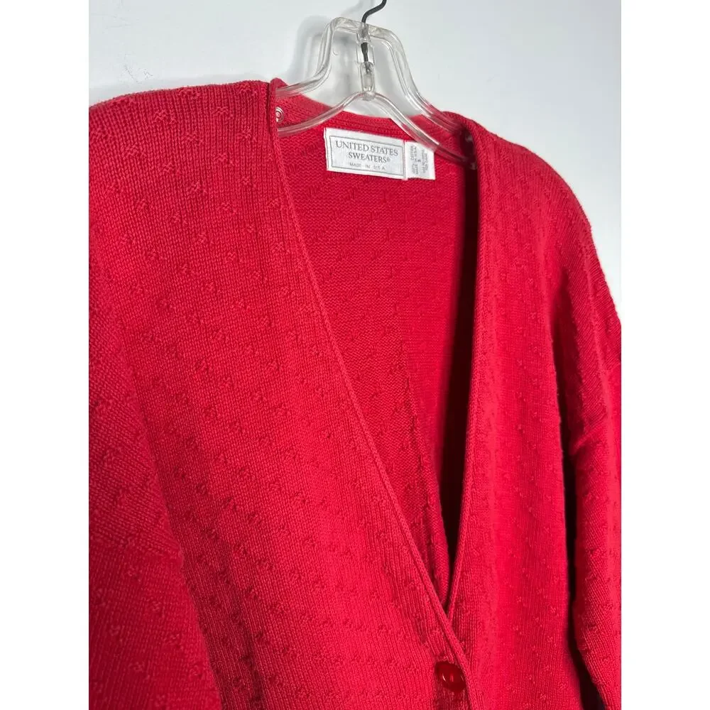 1980s United States Sweaters Red Textured Knit Cardigan Oversized Medium